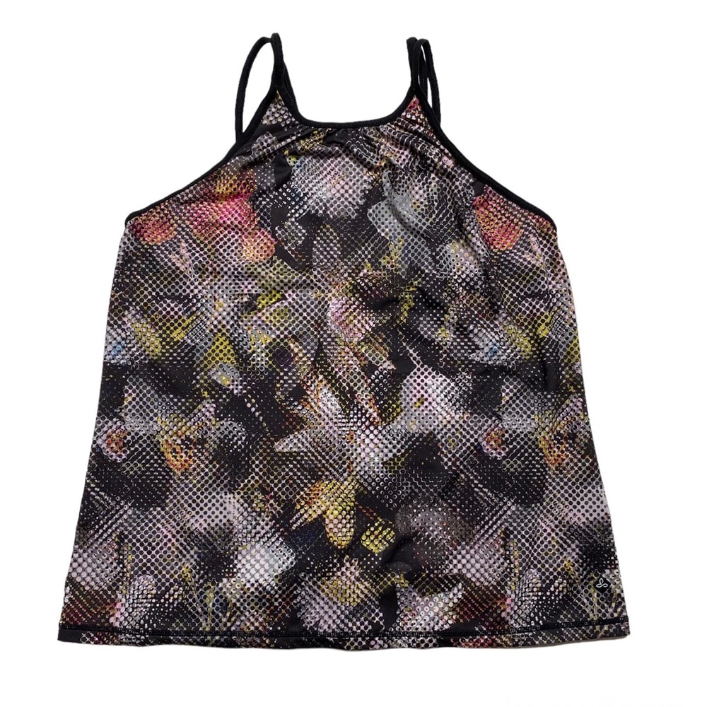Prana Flower Print Strap High Low Black Workout Tank L